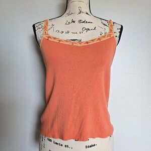 Sigrid Olsen Vintage Y2K Silk Cotton Knit Tank Top Orange Beaded Embroidered S